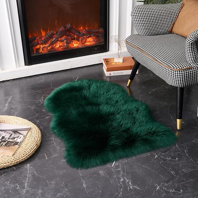 EasyJoy Ultra Soft Fluffy Shaggy Area Rug Faux Fur Rug Chair Cover Seat Pad Fuzzy Area Rug for Bedroom Floor Sofa Living Room (2 x 3 ft Sheepskin, Dark Green)
