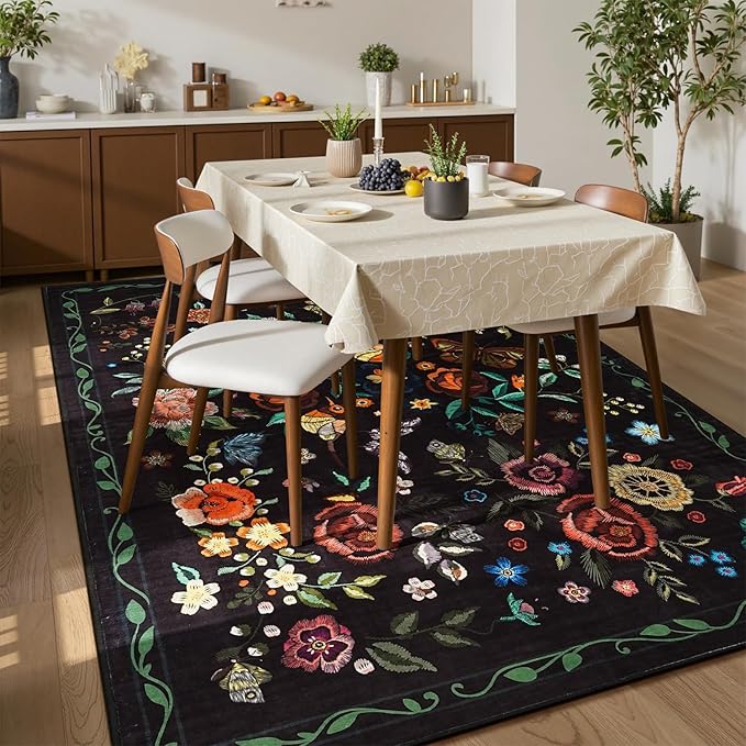 Rugflix 5x7 Washable Area Rug for Living Room, Soft Non Slip Low Pile Carpet, Floral Vintage Stain Resistant Rugs for Bedroom, Dining Room, Home Office, Black