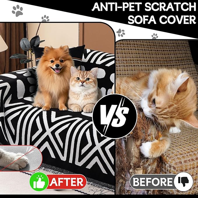 HANDONTIME Boho Couch Cover Blanket Geometric Striped Pet Covers for Couches and Sofas Black and White Dog Cover for Couch Pet Friendly Chenille Sectional Sofa Covers for Pets Washable, 71" X 150"
