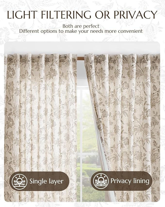 jinchan Lined Linen Floral Curtains for Living Room, 63 Inch Length Printed Flower Farmhouse Patterned French Country Back Tab Taupe Window Drapes Set Privacy Bedroom Curtains, 2 Panels