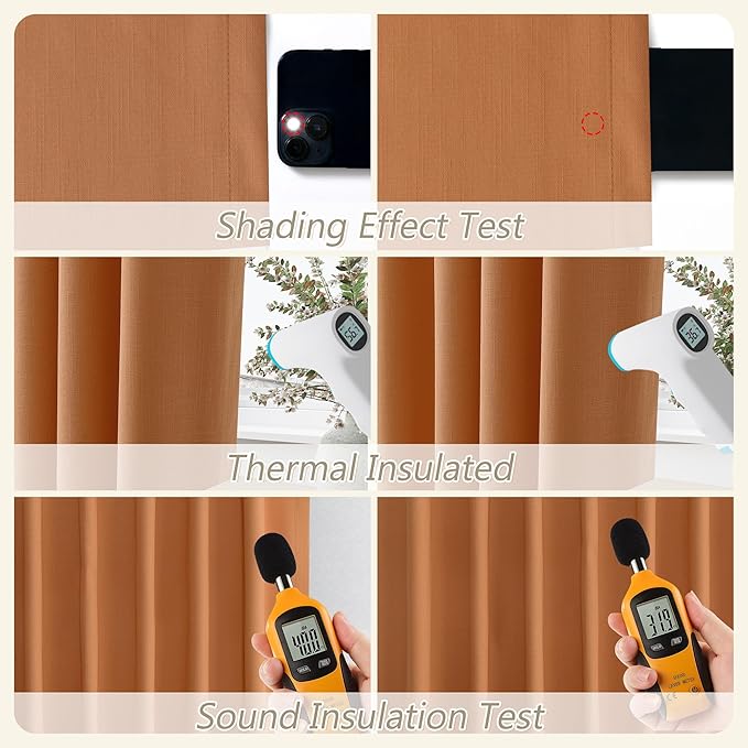 Guken Orange 100% Blackout Linen Curtains 102 Inch Length 2 Panels Set for Living Room Bedroom Back Tab Thermal Insulated 100% Black Out Drapes Room Darkening Farmhouse Window Curtains, 52x102