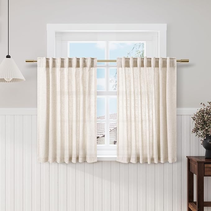 Nanspring Beige Cafe Curtains 48 Inch Length Set 2 Panel Back Tab Pocket Semi Sheer Short Linen Beige Curtain Tiers for Small Bathroom Window Basement 52x48