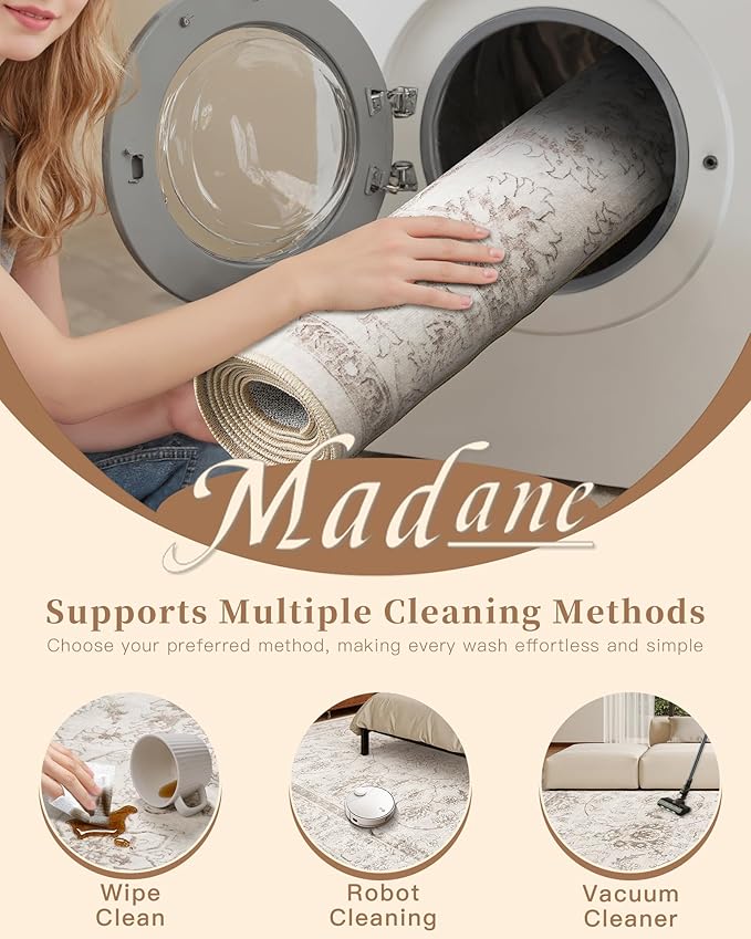 Madane Washable Area Rug 4x6, Low Pile Stain Resistant Vintage Area Rugs, Non Slip Accent Rug Floral Print Indoor Mat for Living Room Kitchen Bedroom, Brown/Ivory