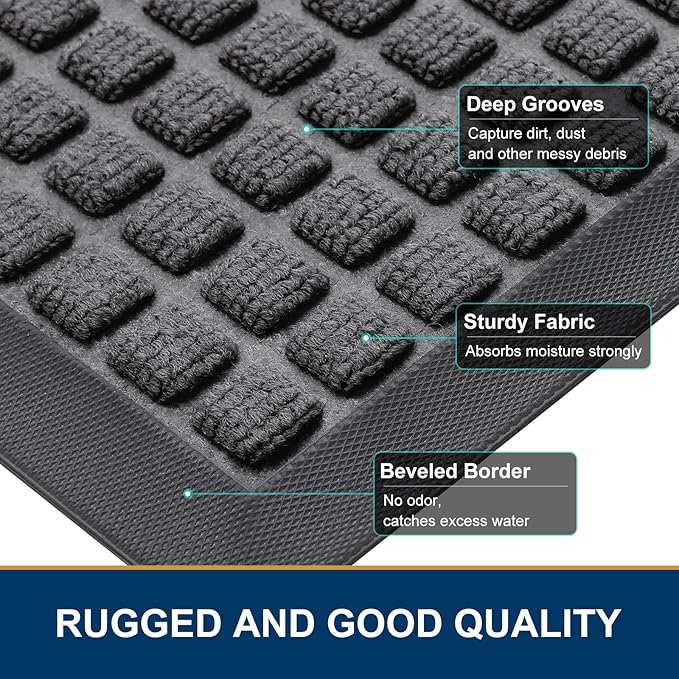 Smiry Front Door Mat Outside Entrance, Heavy Duty Natural Rubber Doormat, Non Slip, Trap Dirt and Moisture, Easy Clean, Low Profile Welcome Floor Mats for Indoor Outdoor Entry, 47x23 Inch, Grey