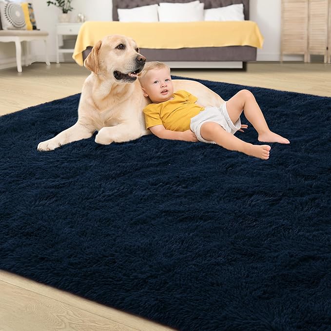 Tepook Soft Fluffy Rugs for Living Room, 5x8 Shaggy Area Rug for Bedroom, Modern Shag Rug Fuzzy Carpets for Kids, Plush Indoor Nursery Home Decor Rug with Non-Slip Bottom, Navy Blue