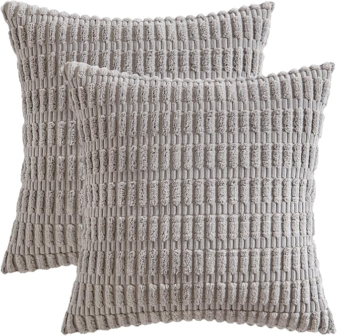 MIULEE Pack of 2 Corduroy Decorative Throw Pillow Covers 18x18 Inch Soft Boho Striped Pillow Covers Modern Farmhouse Home Decor for Sofa Living Room Couch Bed Light Grey