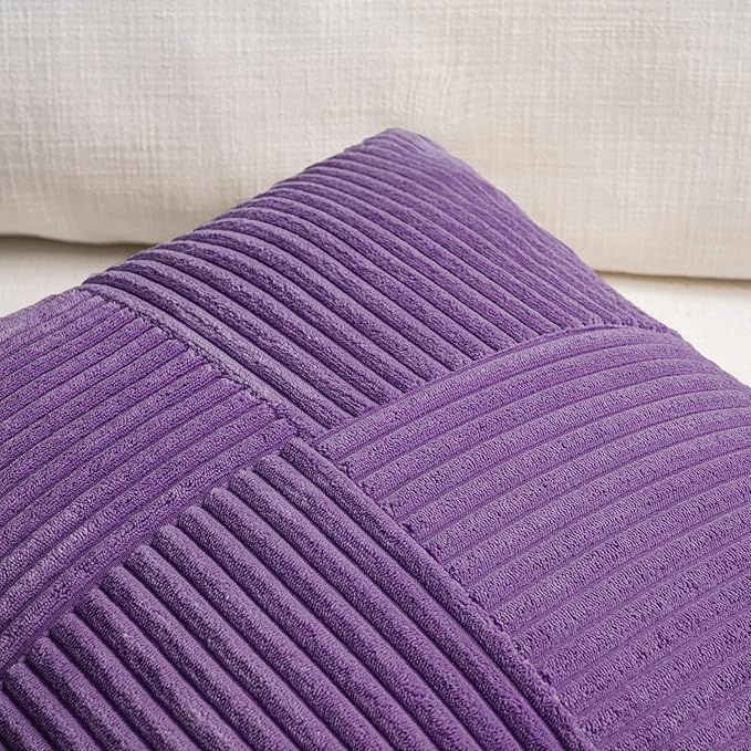 Fancy Homi 2 Packs Purple Samll Decorative Throw Pillow Covers 14x14 Inch with for Couch Bed Sofa, Rustic Farmhouse Boho Home Decor, Soft Corss Patchwork Corduroy Square Cushion Case 35x35 cm