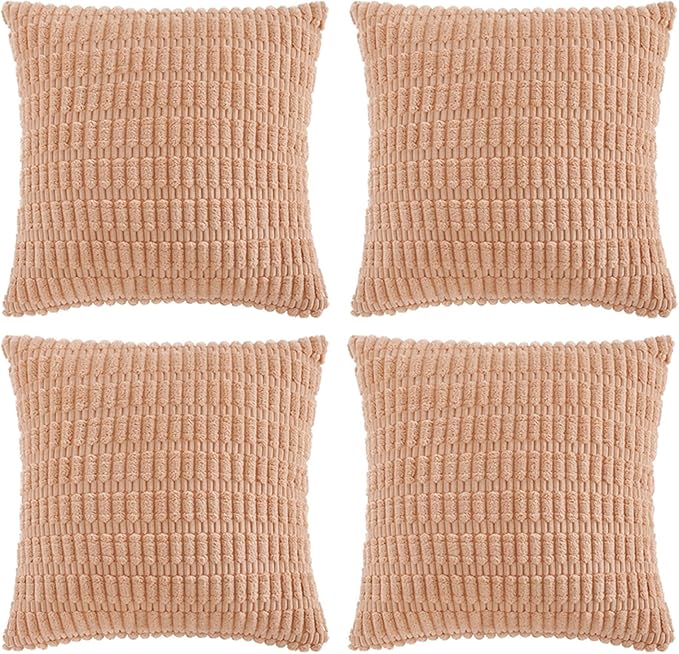 Fancy Homi 4 Packs Peach Decorative Throw Pillow Covers 18x18 Inch for Living Room Couch Bed, Rustic Modern Farmhouse Boho Home Decor, Soft Plush Corduroy Cute Accent Square Cushion Case 45x45 cm