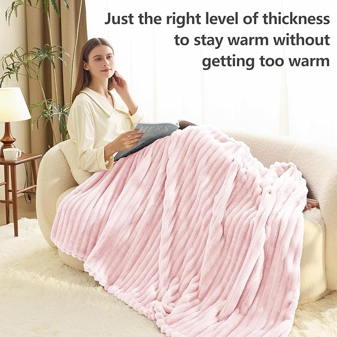 HIMEET Pink Ribbed Twin Blanket for Bed - 300GSM Lightweight Soft Fleece Blanket for Men Women, Cozy Blankets Graduation Birthday Gifts, Striped Spring Home School Dorm Decor, Pink, 60x80 Inches