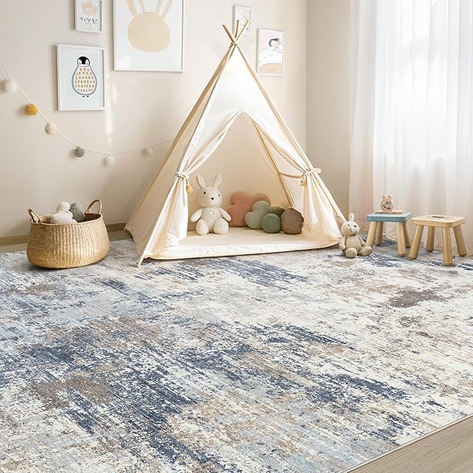 UERMEI 6x9 Area Rug Living Room Rugs Thickened - Washable Neutral Modern Abstract Soft Rug Indoor Floor No Slip Rug Carpet for Bedroom Under Dining Table Home Office Decor - Denim Blue