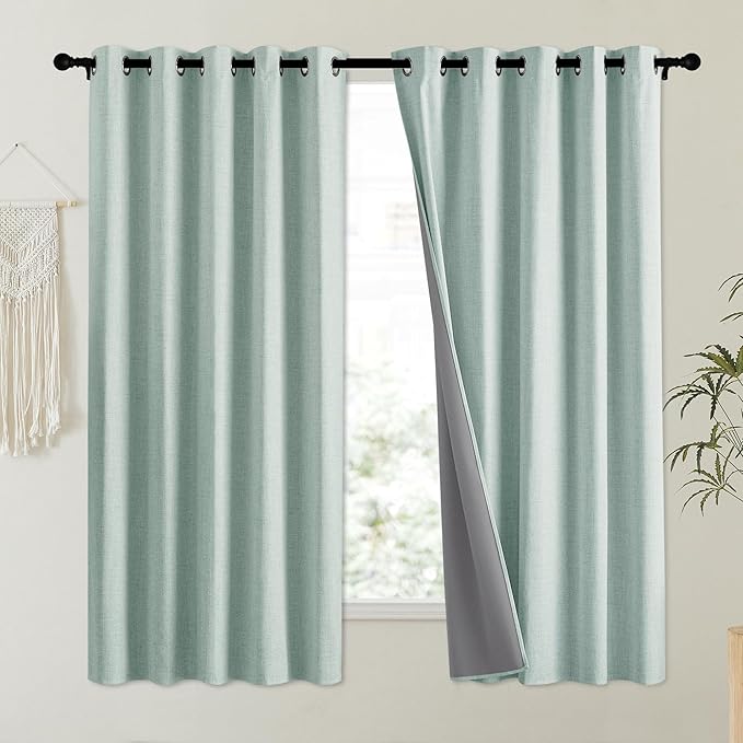 NICETOWN 100% Absolutely Blackout Linen Curtains with Thermal Insulated Liner, Seafoam Green, 62" Wide, 63" Length Energy Saving Curtains for Kitchen 2 Panels Set, Vertical Blinds