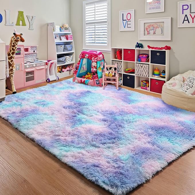 ONASAR Rainbow Rugs for Girls Bedroom, 5x8 Fluffy Bedside Throw Area Rug, Soft Plush Shaggy Indoor Floor Carpet for Living Room Nursery Kids Boys Teen Dorm Home Office Decor Aesthetic