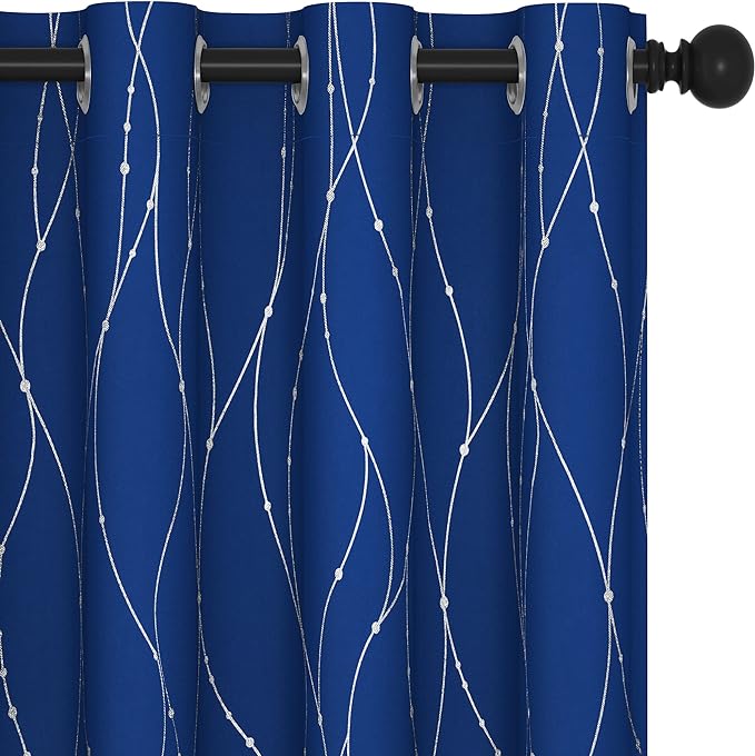 Deconovo Blackout Curtains, 52 x 108 Inch Drape for Sliding Door with Wave Dot Silver Print, Soundproof Thermal Insulated Window Curtain for Bedroom Living Room, Set of 2, Machine Washable, Royal Blue
