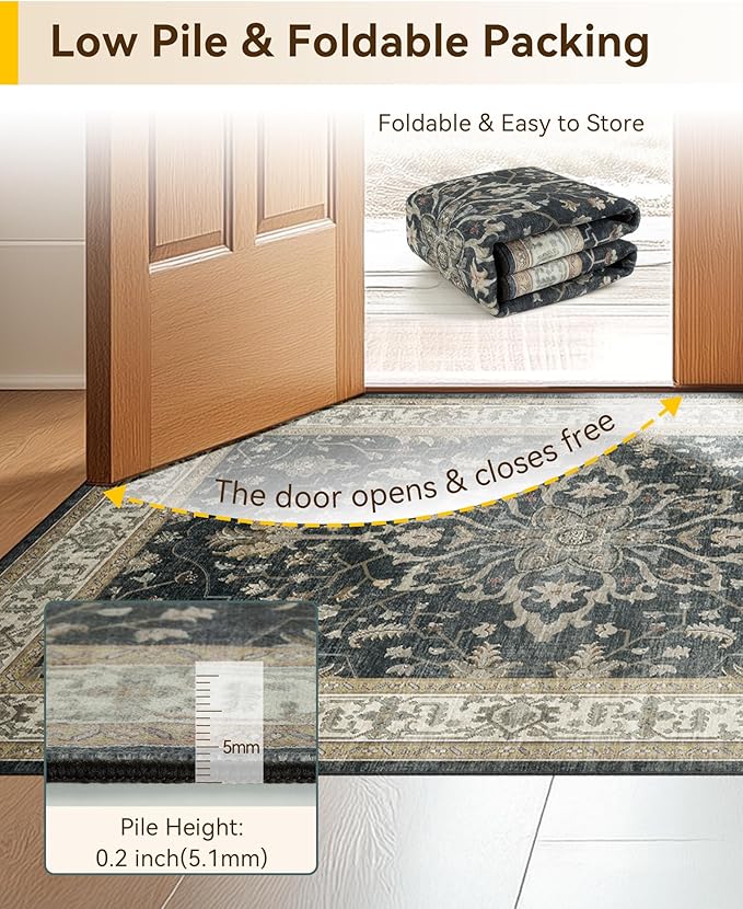 Area Rugs 2'x10' Runner Rug Non Slip Washable for Kitchen Hallway Bedroom Beside Laundry Room Bathroom Rug, Floor Carpet, Vintage Black Brown Neutral