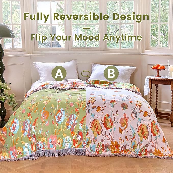 MSGKV Boho Throw Blanket 90"x90" Floral 100% Cotton Blanket with Flower and Butterfly for Bed Spring Breathable Lightweight Farmhouse Queen Blankets Home Decor Muslin