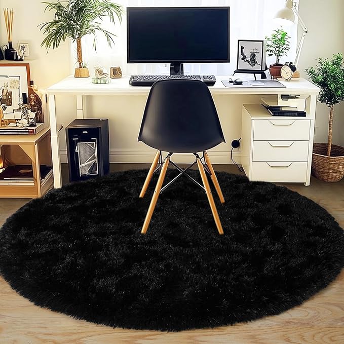 4'x4' Black Round Rug for Bedroom, Ultra Soft Fluffy Circle Rug for Kids Girls Boys Room, Cute Shag Rugs for Living Room Playroom Teen Room Home Decor Rug