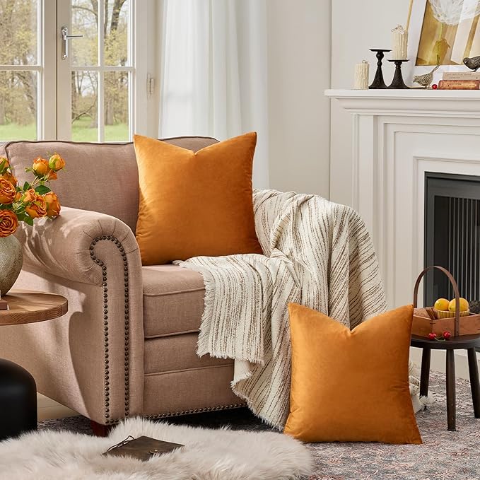 GIGIZAZA Decorative Couch Throw Pillow Covers,Set of 2 Orange Square Pillow Cushion Covers 22x22,Pillow Cases Velvet Pillow Covers