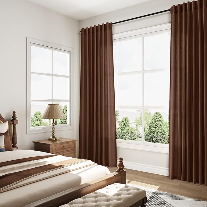 Mocha Brown Linen Curtains 90 Inch Length 2 Panels for Living Room Back Tab Rod Pocket Window Drapes Light Filtering Modern Farmhouse Curtain 90 Inches Long for Dining Room Office 52x90