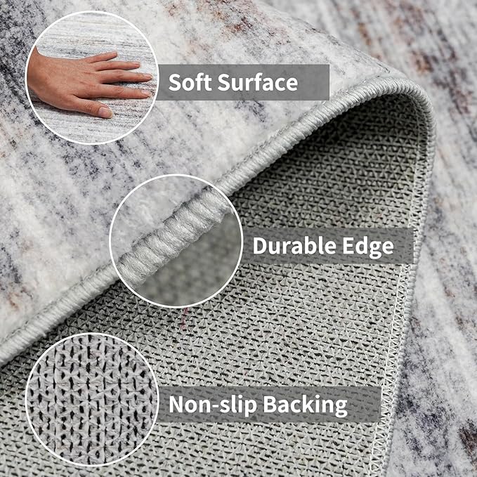 4x8 Wide Washable Runner Rug: Easy-to-Clean Runners for Hallway Entryway Kitchen Bedroom Living Room - Stain and Water Resistant Rugs with Non-Slip Backing - Soft Low-Pile Carpet Beige Grey