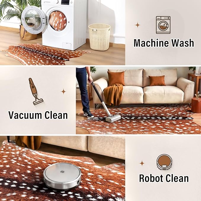 AROGAN Premium Deer Print Rug 4.6x5.2 Feet, Machine Washable Faux Fur Rug, Non-Slip Animal Print Hide Deer Skin Area Rug for Bedroom Living Room Home Decor