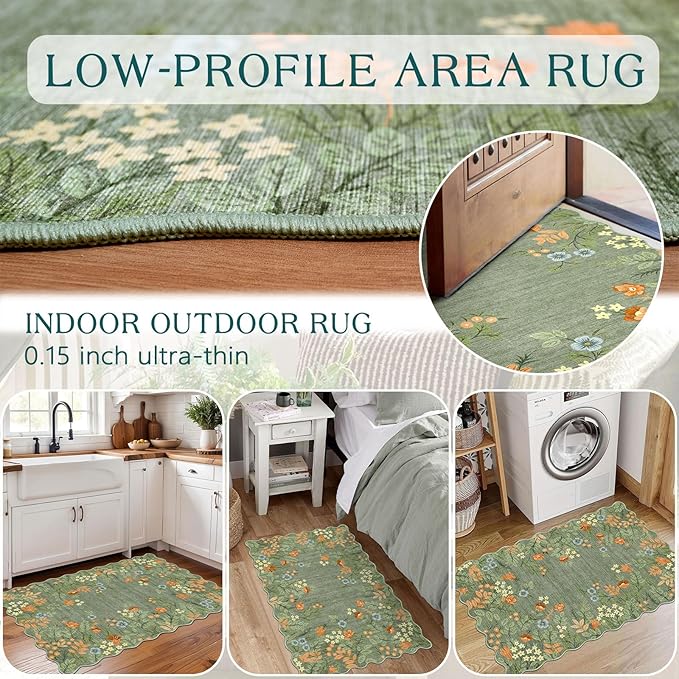 Front Door Mat Outside Entrance - 2x3 Spring Green Sage Floral Non-Slip Washable Doormat Indoor Outdoor Mat Boho Vintage Entry Rug Small Throw Rugs for Entryway Kitchen Front Porch Decor