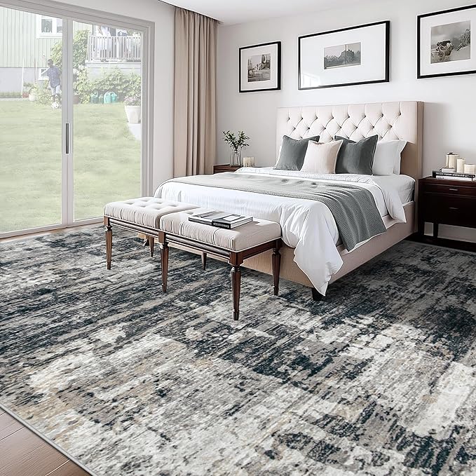 10x14 Area Rugs for Living Room, Washable Modern Abstract Large Area Rug Neutral Soft Non Slip Kids Rug Stain Resistant Indoor Carpet for Bedroom Dining Room Playroom Office(BlackGrey, 10'x14')