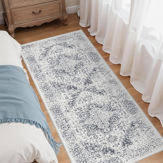 Hallway 2x5 Runner Rug - Vintage Non-Slip Long Rugs for Entryway Low-Pile Washable Medallion Runner Rugs for Hallway Waterproof Traditional Runner Rugs Indoor Thin Rug for Kitchen (Grey)