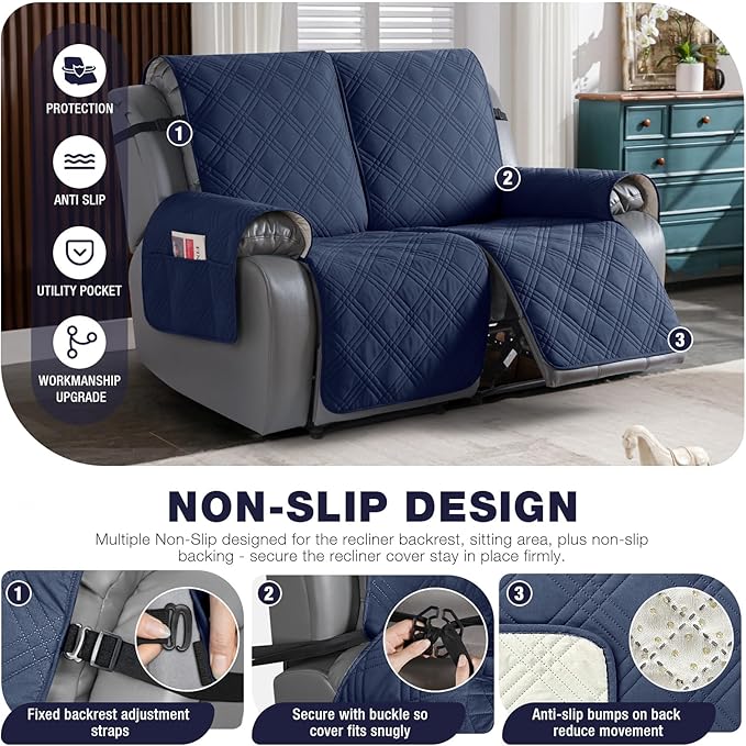 TAOCOCO 100% Waterproof Oversized Loveseat Recliner Cover, Non Slip Split Couch Covers for Reclining Loveseat with Elastic Straps for Kids Pets(Oversized 2 Seater, Navy Blue)