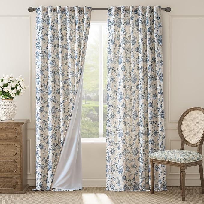 jinchan Lined Linen Floral Curtains for Living Room, 96 Inch Length Printed Flower Farmhouse Patterned French Country Back Tab Blue Window Drapes Set Privacy Bedroom Curtains, 2 Panels