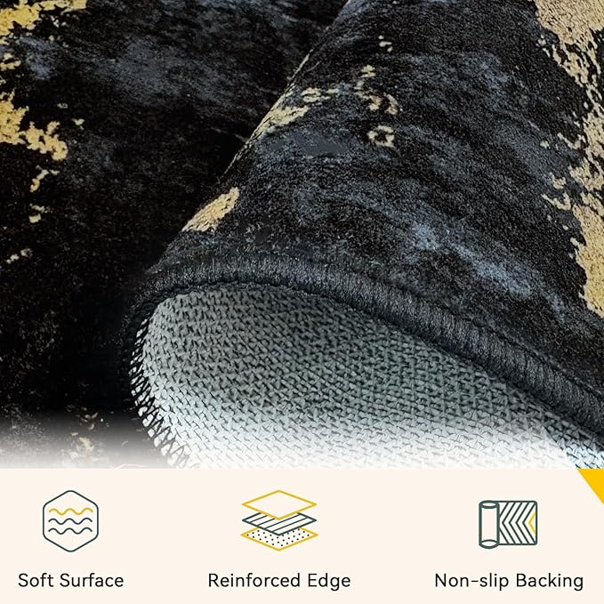 Washable Area Rugs 2'6''x10 Non-Slip Modern Abstract Soft for Living Room Entryway Bedroom Nursery, Print Pattern, Dark Black Gold