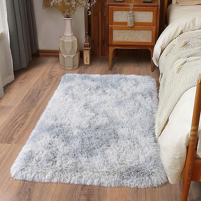 Ultra Soft Runner Rugs for Bedroom Hallways with Upgraded Non-Slip Rubber Backing & Thick Memory Sponge, 2 Packs 2x3 Feet Fluffy Shag Throw Area Rug for Bedside Dorm Tie-dye Light Grey