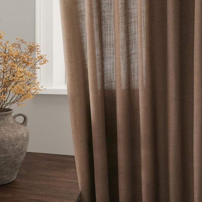 Caramel Brown Linen Curtains for Living Room Extra Long 132 Inches Long Back Tab Light Filtering Semi Sheer Curtain Vintage Rustic Decor Floor to Ceiling High Window for Bedroom 52x132, 2 Panels