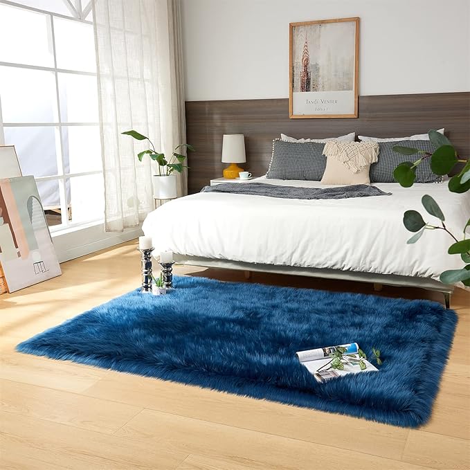 EasyJoy Ultra Soft Fluffy Shaggy Area Rug Faux Fur Rug Chair Cover Seat Pad Fuzzy Area Rug for Bedroom Floor Sofa Living Room (4 x 6 ft Rectangle,Dark Blue