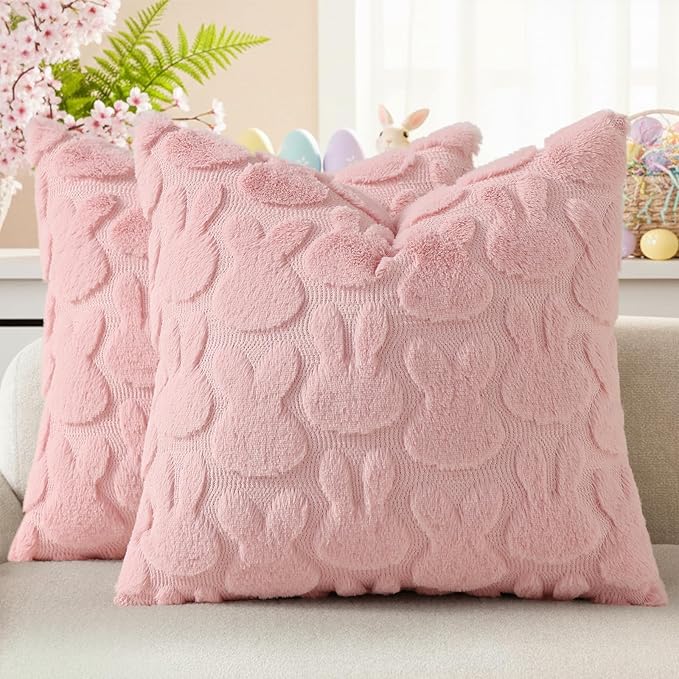 decorUhome Easter Bunny Pillow Covers 16x16 Inch Set of 2, Soft Plush Faux Wool Jacquard Pink Rabbit Cushion Covers, Farmhouse Neutral Spring Easter Holiday Decor for Couch Sofa Bed