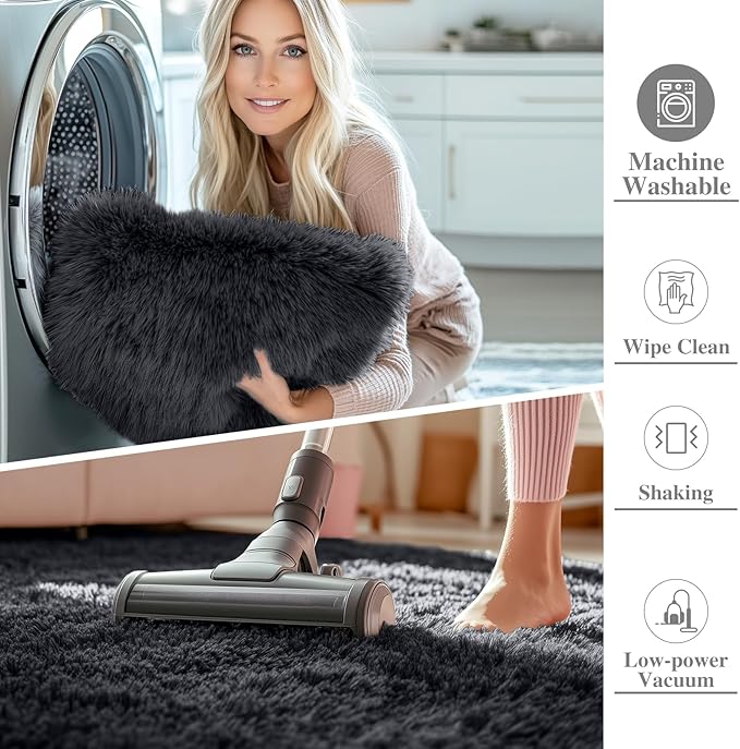 OLANLY 4x4 Machine Washable Accent Rug, Soft Fluffy Shaggy Area Rug for Bedroom, Living Room, Indoor Floor Carpet for Kids, Nursery, Home Decor, Black