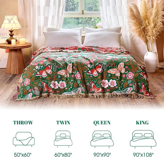 MSGKV Boho Throw Blanket for Couch 50"x60" Butterfly Floral 100% Cotton Blanket Spring Breathable Lightweight Farmhouse Blankets for Sofa Home Decor Muslin All Seasons