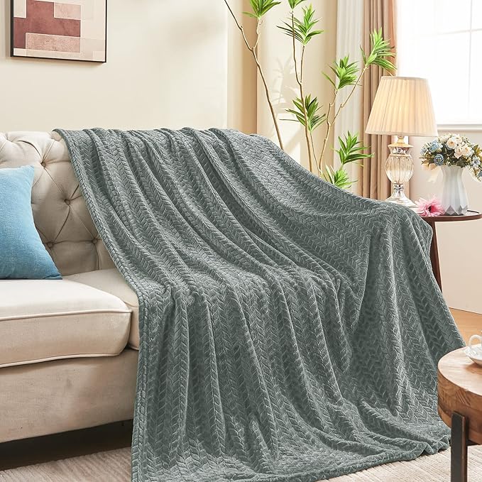 inhand Grey Fleece Queen Blanket for Bed, Super Soft Flannel Cozy Blankets for Adults, Lightweight Leaves Pattern Fuzzy Blanket for Office,Travel, Warm Plush Blankets for All Season, 90x90 Inches