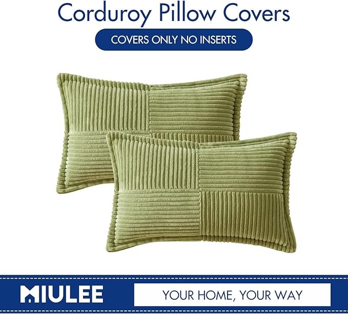 MIULEE Spring Decorative Lumbar Throw Pillow Covers for Couch Bed Livingroom 12x20 Inch Set of 2 Green Boho Accent Throw Pllows Broadside Striped Patchwork Soft Corduroy Summer Pillowcases