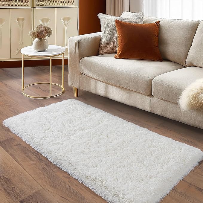 Ultra Soft Runner Rugs for Bedroom Hallways with Upgraded Non-Slip Rubber Backing & Thick Memory Sponge, 2 Packs 2x4 Feet Fluffy Shag Throw Area Rug for Bedside Dorm Cream