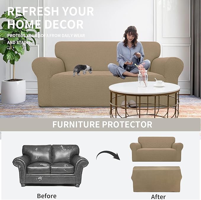 Easy-Going Stretch Oversized Loveseat Slipcover 1-Piece Sofa Cover Furniture Protector Couch Soft with Elastic Bottom for Kids Polyester Spandex Jacquard Fabric Small Checks Tan