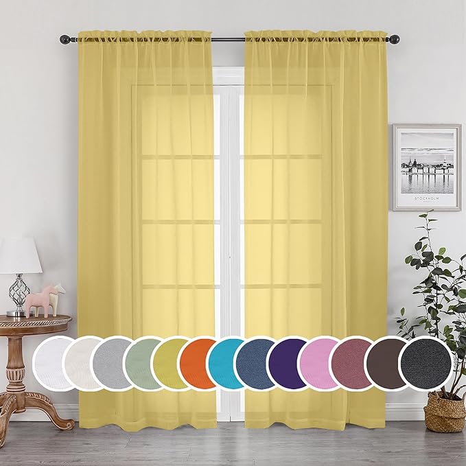OWENIE Sheer Curtains 84 Inches Long 2 Panels Set, Gold Sheer Curtain for Living Room, Rod Pocket Voile Fimly Sheer Drapes for Bedroom, 2pcs, Each 42" W x 84" L