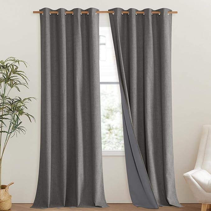 NICETOWN Grizzle Gray Vintage Linen 100% Blackout Curtains for Living Room, Thermal Insulated Curtains 108" Long, Noise Reducing Window Treatment Drapes for Hall Room, 52" Wide Per Panel, Set of 2