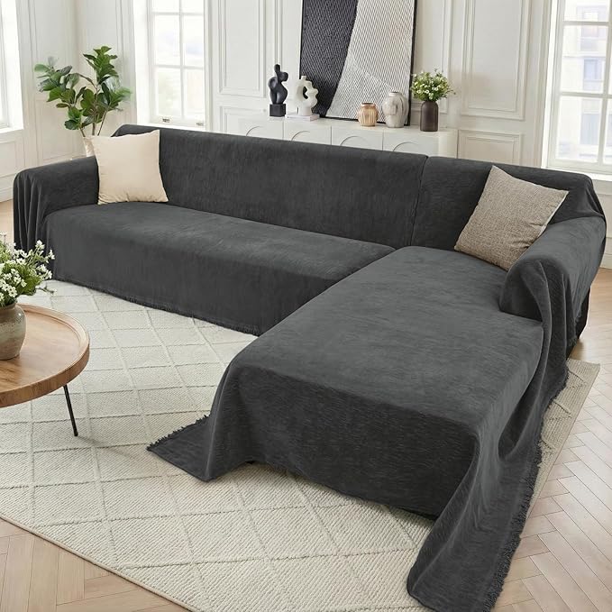 Sectional Couch Covers, 2 Pieces Washable L Shaped Couch Covers Sofa Blanket for Dogs Pet Friendly Sectional Sofa Slipcovers Furniture Covers,71"x118"+91"x134",(XXX-Large,Charcoal Gray)