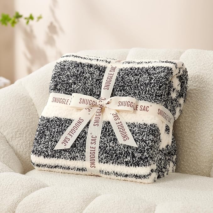 Snuggle Sac Heather Throw Blanket for Couch, Reversible Super Soft Blankets Warm Cozy Knit Fuzzy Plush Lightweight for Sofa, Bed, Camping, Picnic (Stripe Black, Throw(50"x 60"))