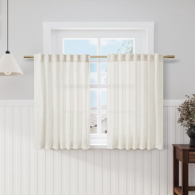 Cream Kitchen Curtains 36 Inch Length Set 2 Panel Back Tab Pocket Semi Sheer Light Filtering Short Drapes Linen Modern Farmhouse Curtain Tiers for Cafe Bathroom Basement Small Window 52x36