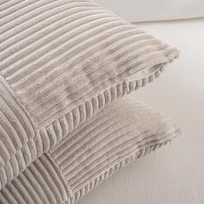 Fancy Homi 2 Packs Neutral Taupe Lumbar Decorative Throw Pillow Covers 16x26 Inch for Living Room Couch Bed Sofa, Farmhouse Home Decor, Soft Striped Corduroy Rectangle Accent Cushion Case 65x40 cm