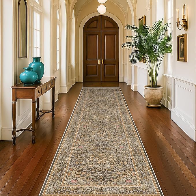 Brown 2'6" x 10' Hallway Runner Rug Non Slip - Washable Kitchen Rug Stain Resistant, 10ft Extra Long Thin Entryway Indoor Mats, Soft Boho Vintage Gold Brown Floral Indoor Carpet Runner Décor Low Pile
