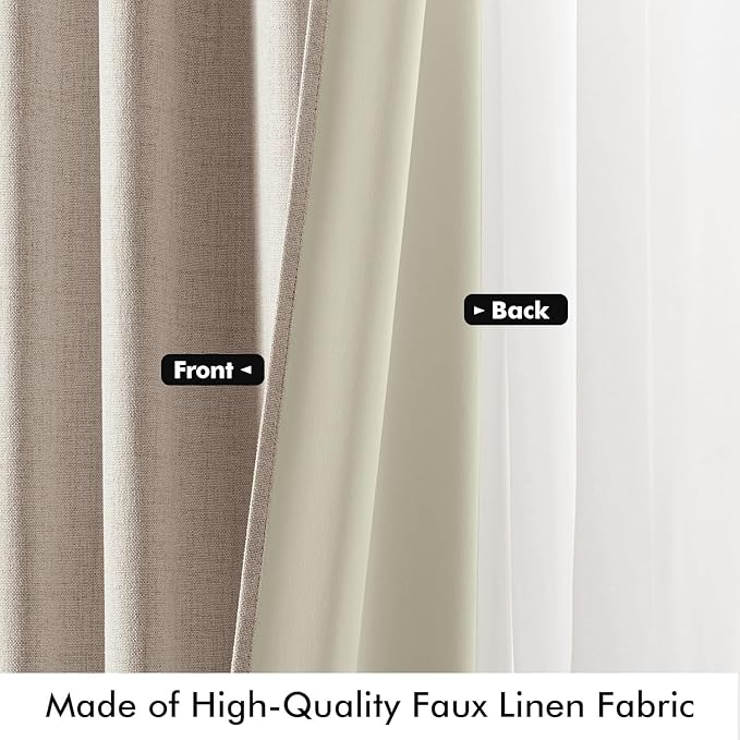MIULEE 100% Blackout Linen Curtains for Bedroom, Khaki Solid Luxury Decor Thermal Insulation Room Darkening Drapes for Living Room Nursery Back Tab Rod Pocket 42 x 63 Inches, 2 Panels