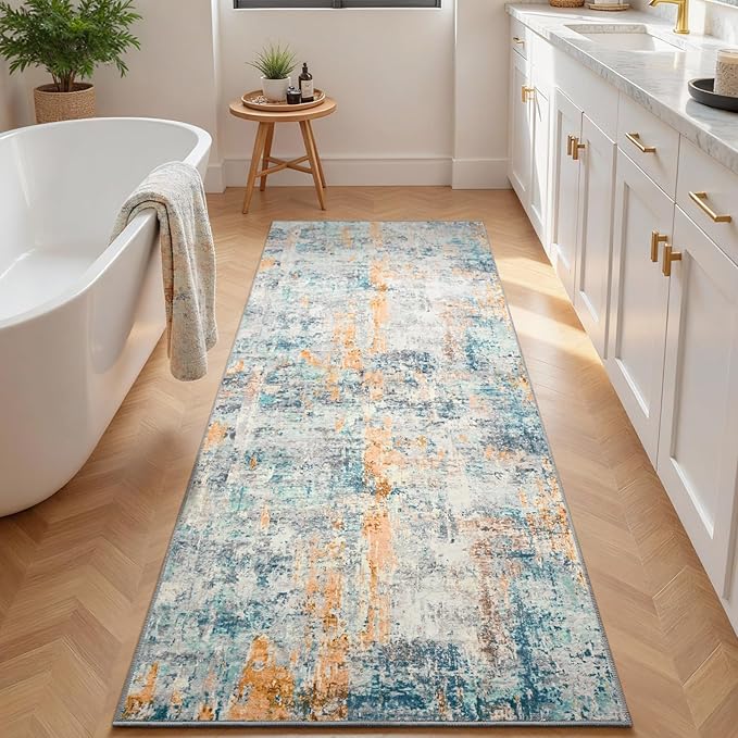 Runner Rug for Kitchen Hallways Runner Rug Non Slip 2'6''x8' Washable Blue Long Runner Rugs with Rubber Backing Soft Abstract Carpet Runner for Entryway, Kitchen, Bedroom, Bathroom
