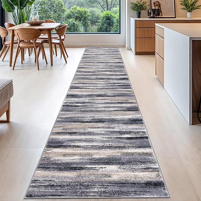 Lansny Modern Abstract Runner Rug 2.6x16, Grey Black Multi Washable Long Kitchen Runner Non-Slip Soft Hallway Rug Runner Thin Print Faux Wool Carpet for Entryway Bedroom Laundry Room Indoor Home Decor